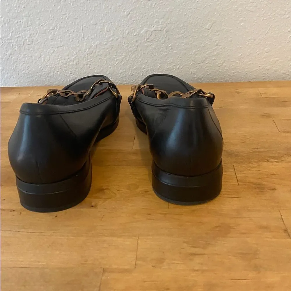 Vionic Black Leather Mizelle Gold Chain Slip On Loafer Flat Shoes Size 9